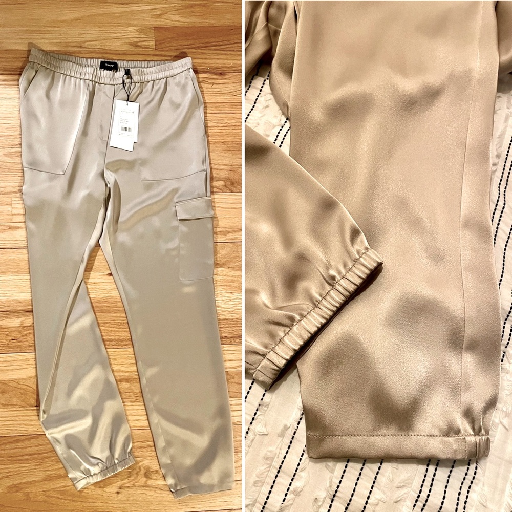 Theory satin silk jogger cargo pants champagne beige